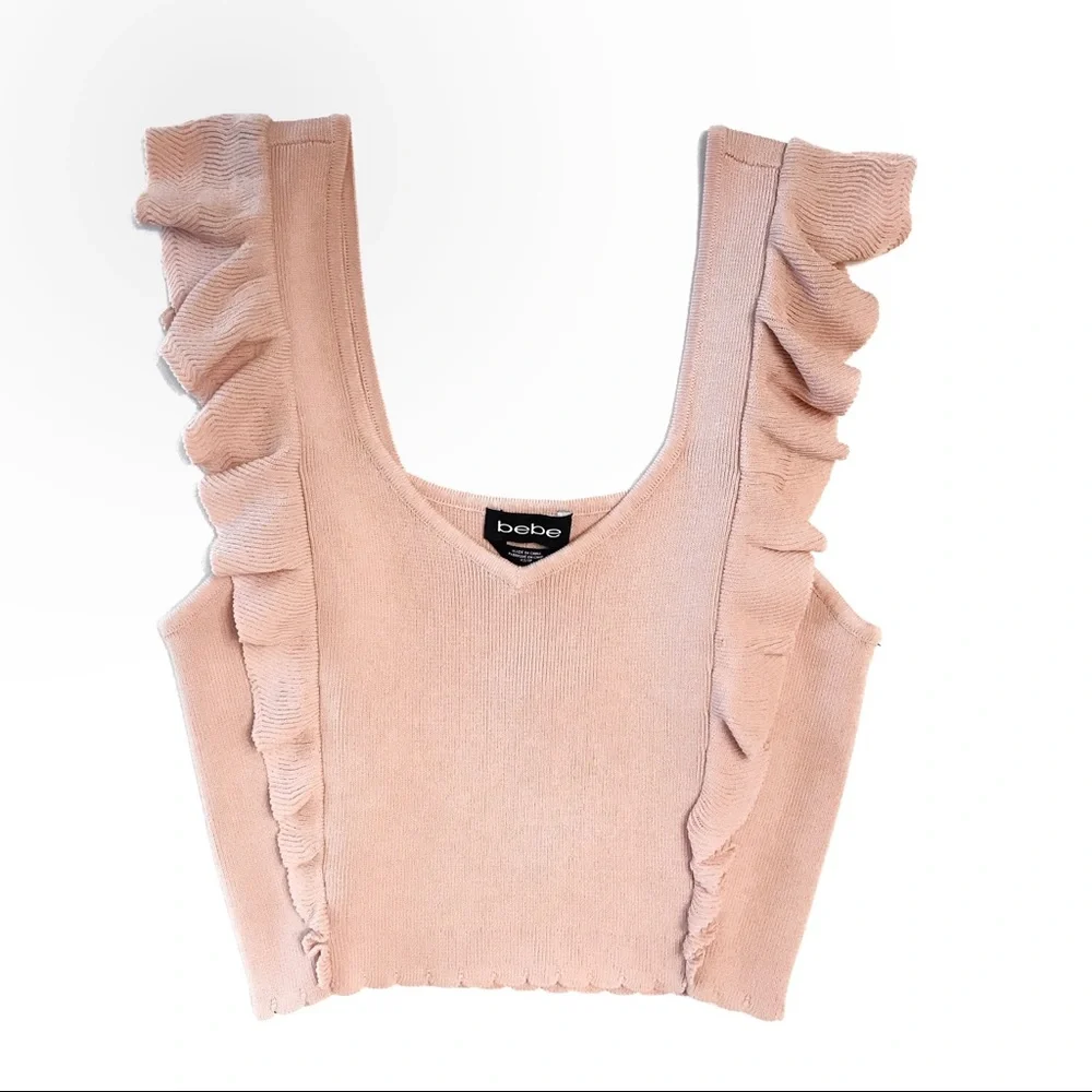 πHPπ bebe Pastel Pink Sleeveless Cropped Sweater Top with Ruffles - Picture 1 of 8